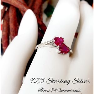 🆕️ 925 Sterling Silver Double Heart Dark Pink Topaz & CZ  Ring Size 8